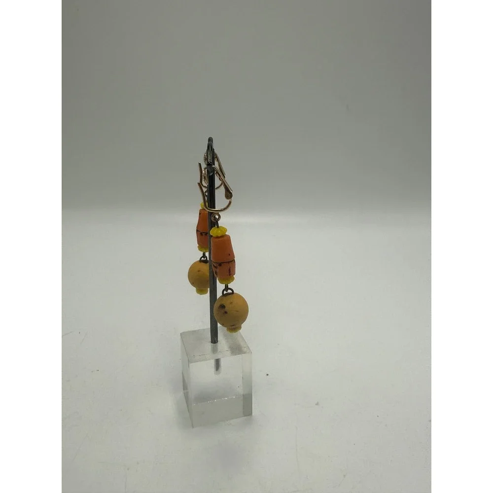 Vintage Clip On Dangle Earrings Orange Yellow Clay Ceramic Bead Boho Artisanal
